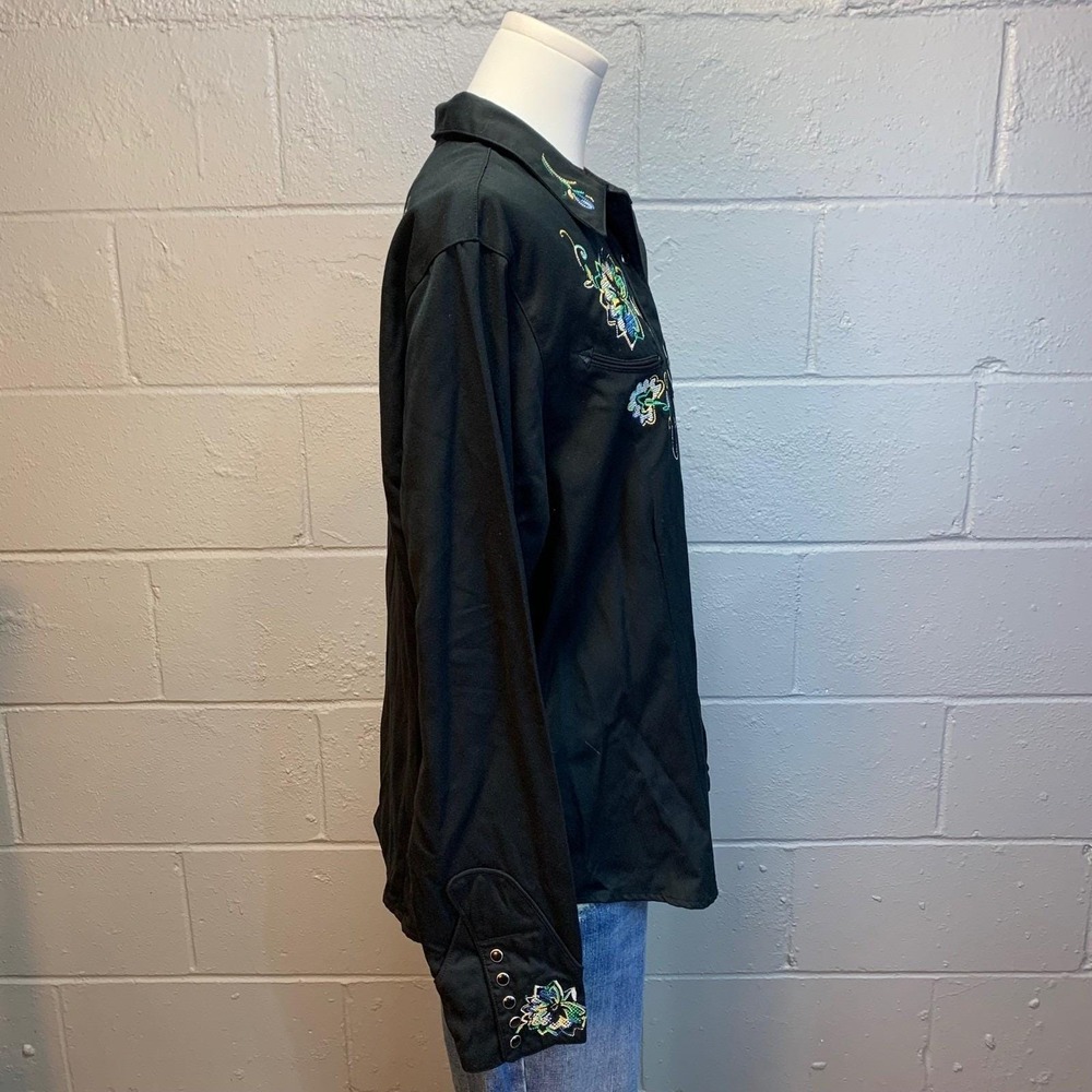 Roper Western Shirt Black Embroidered Floral Pearl Snap Long Sleeve Women's XL - Picture 3 of 8